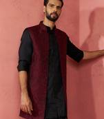 men's wine silky abstract embroidered nehru jacket - wedding ethnic wear