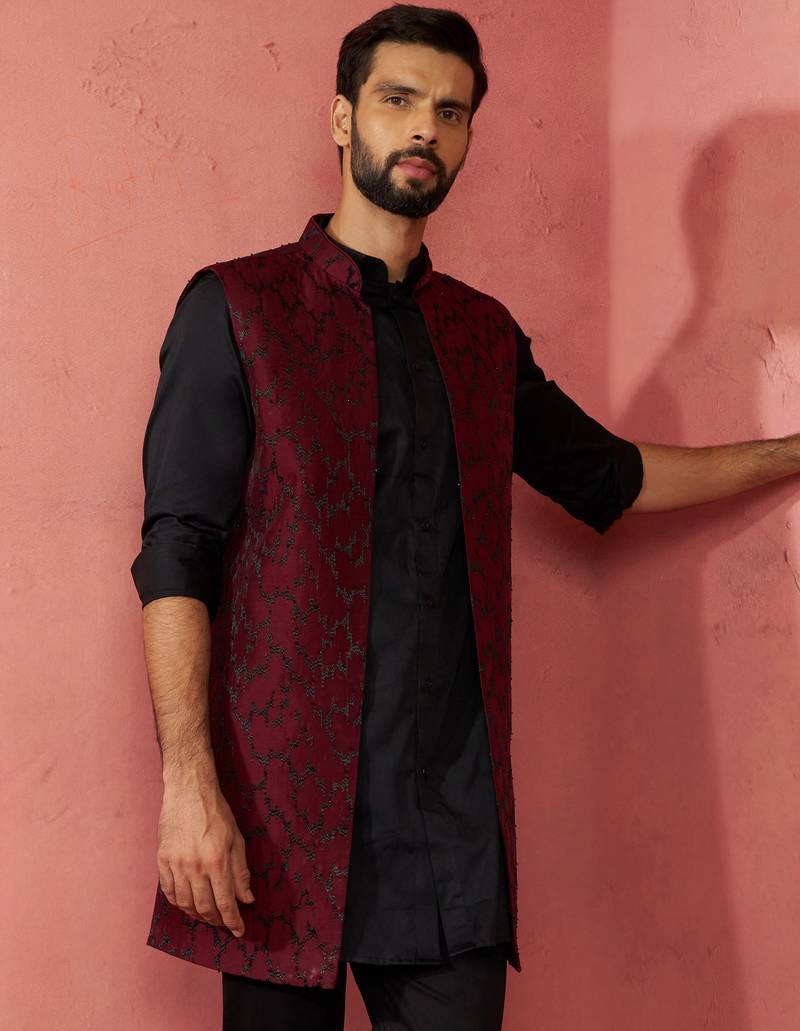 men's wine silky abstract embroidered nehru jacket - wedding ethnic wear