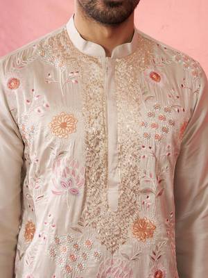 Cream silk blend kurta - traditional embroidered festive wear 2