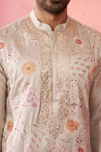 Cream silk blend kurta - traditional embroidered festive wear