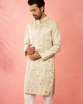 light green silk blend kurta - traditional embroidered festive wear 4