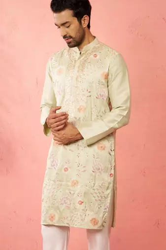 light green silk blend kurta - traditional embroidered festive wear