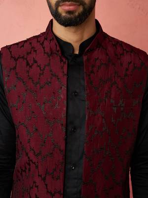 men's wine silky abstract embroidered nehru jacket - wedding ethnic wear 2