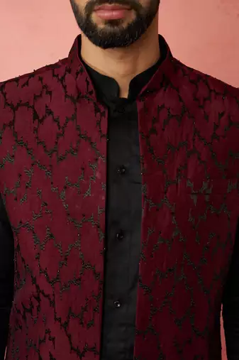 men's wine silky abstract embroidered nehru jacket - wedding ethnic wear