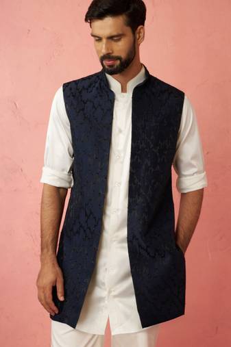 men's navy blue silky abstract embroidered nehru jacket - wedding ethnic wear