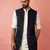 men's navy blue silky abstract embroidered nehru jacket - wedding ethnic wear