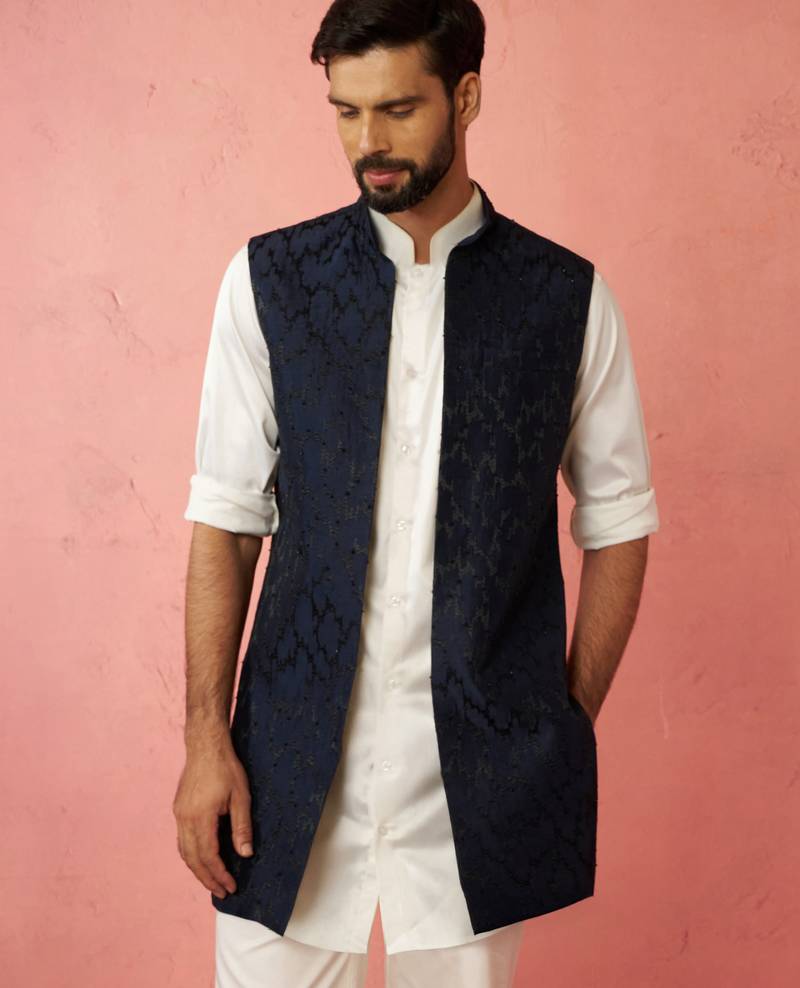 men's navy blue silky abstract embroidered nehru jacket - wedding ethnic wear