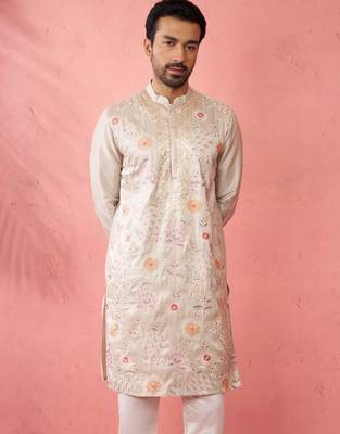 Cream silk blend kurta - traditional embroidered festive wear 3