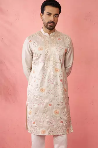 Cream silk blend kurta - traditional embroidered festive wear