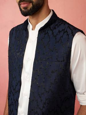 men's navy blue silky abstract embroidered nehru jacket - wedding ethnic wear 2