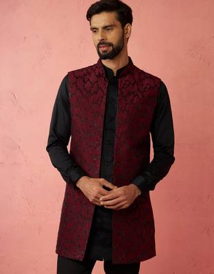 men's wine silky abstract embroidered nehru jacket - wedding ethnic wear 3