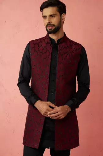 men's wine silky abstract embroidered nehru jacket - wedding ethnic wear