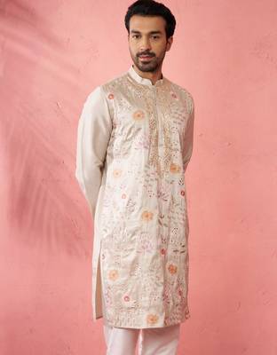 Cream silk blend kurta - traditional embroidered festive wear 4
