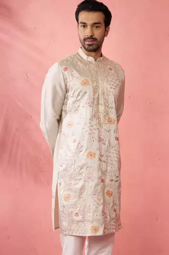 Cream silk blend kurta - traditional embroidered festive wear