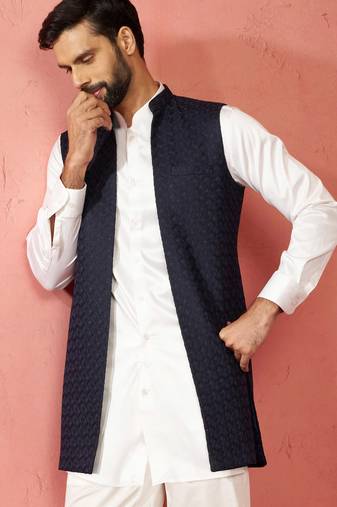 men's blue lakhmini jacquard nehru jacket - wedding party ethnic wear