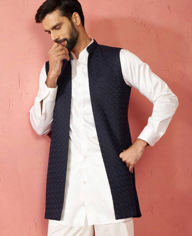 men's blue lakhmini jacquard nehru jacket - wedding party ethnic wear