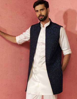 men's navy blue silky abstract embroidered nehru jacket - wedding ethnic wear 3