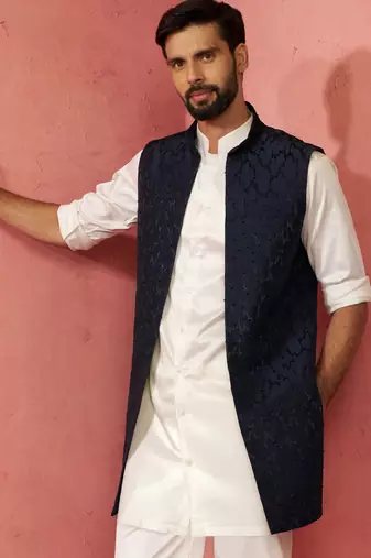men's navy blue silky abstract embroidered nehru jacket - wedding ethnic wear