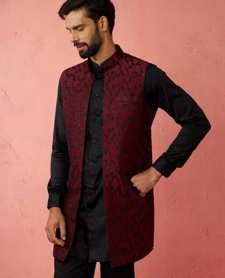 men's wine silky abstract embroidered nehru jacket - wedding ethnic wear 4