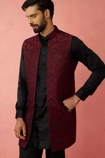 men's wine silky abstract embroidered nehru jacket - wedding ethnic wear
