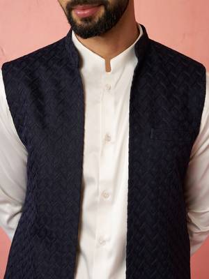 men's blue lakhmini jacquard nehru jacket - wedding party ethnic wear 2