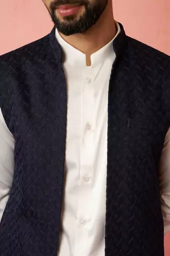 men's blue lakhmini jacquard nehru jacket - wedding party ethnic wear