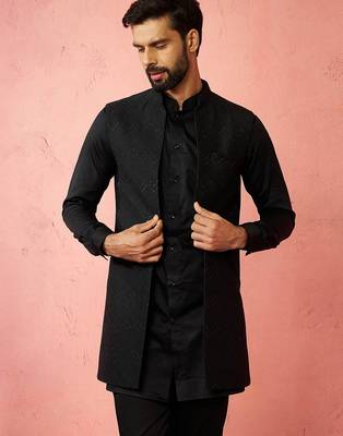 men's black maharaja jacquard nehru jacket - wedding party ethnic wear 1