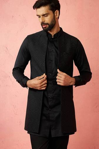 men's black maharaja jacquard nehru jacket - wedding party ethnic wear
