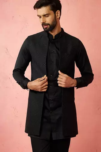 men's black maharaja jacquard nehru jacket - wedding party ethnic wear