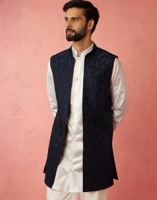 men's navy blue silky abstract embroidered nehru jacket - wedding ethnic wear 4