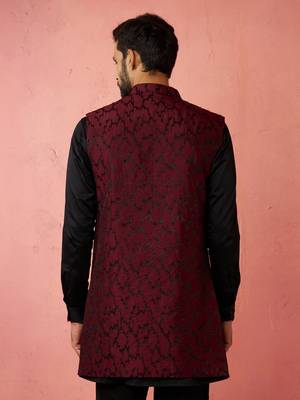 men's wine silky abstract embroidered nehru jacket - wedding ethnic wear 5