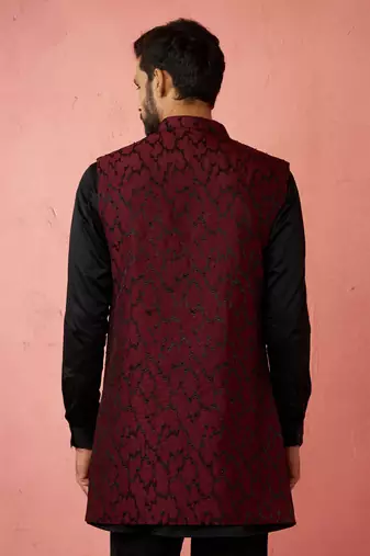 men's wine silky abstract embroidered nehru jacket - wedding ethnic wear