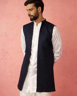 men's blue lakhmini jacquard nehru jacket - wedding party ethnic wear 3