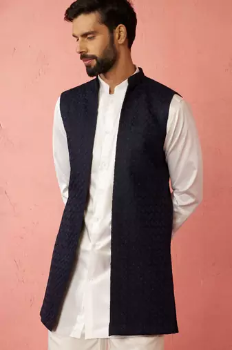 men's blue lakhmini jacquard nehru jacket - wedding party ethnic wear