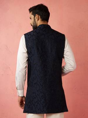 men's navy blue silky abstract embroidered nehru jacket - wedding ethnic wear 5