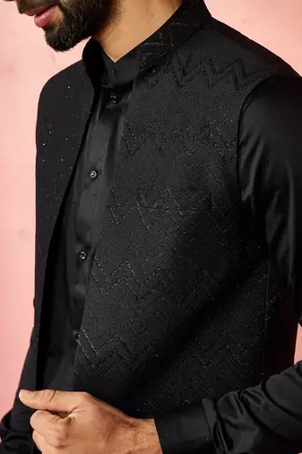 men's black maharaja jacquard nehru jacket - wedding party ethnic wear