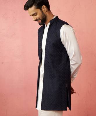 men's blue lakhmini jacquard nehru jacket - wedding party ethnic wear 4