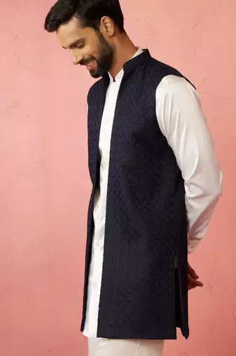 men's blue lakhmini jacquard nehru jacket - wedding party ethnic wear