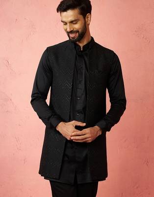 men's black maharaja jacquard nehru jacket - wedding party ethnic wear 3