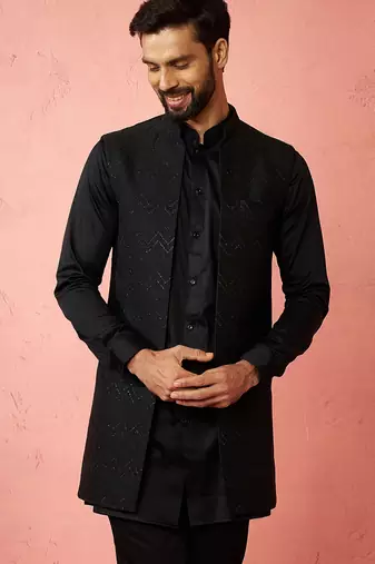 men's black maharaja jacquard nehru jacket - wedding party ethnic wear