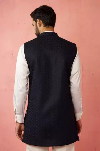 men's blue lakhmini jacquard nehru jacket - wedding party ethnic wear