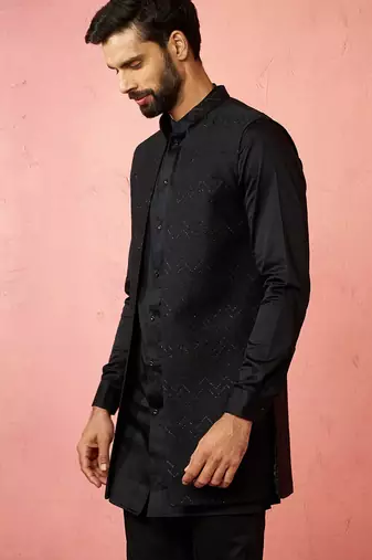 men's black maharaja jacquard nehru jacket - wedding party ethnic wear