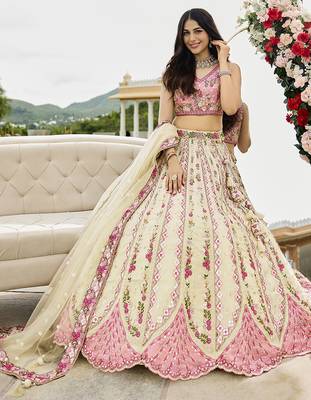 Cream- Tissue Fabric Sequins embroidery Semi-Stitched Lehenga & Unstitched Blouse With Dupatta 1