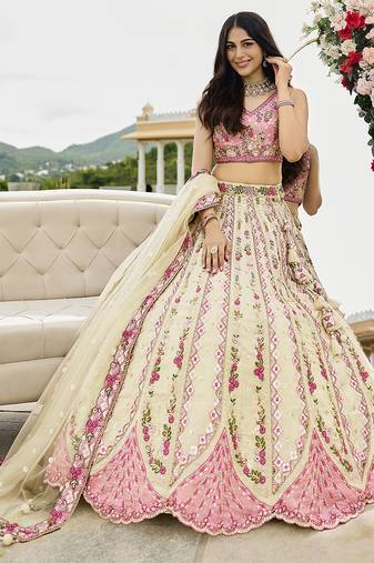 Cream- Tissue Fabric Sequins embroidery Semi-Stitched Lehenga & Unstitched Blouse With Dupatta