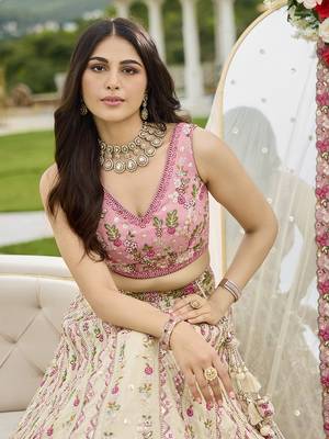 Cream- Tissue Fabric Sequins embroidery Semi-Stitched Lehenga & Unstitched Blouse With Dupatta 4