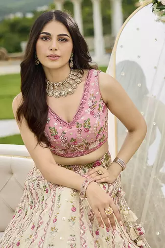 Cream- Tissue Fabric Sequins embroidery Semi-Stitched Lehenga & Unstitched Blouse With Dupatta