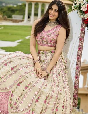 Cream- Tissue Fabric Sequins embroidery Semi-Stitched Lehenga & Unstitched Blouse With Dupatta 5