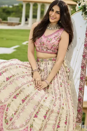 Cream- Tissue Fabric Sequins embroidery Semi-Stitched Lehenga & Unstitched Blouse With Dupatta