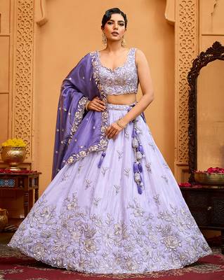 Lavender- Tissue Fabric Sequins embroidery Semi-Stitched Lehenga & Unstitched Blouse With Dupatta 1