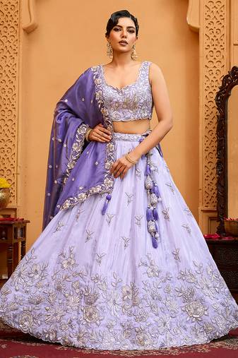 Lavender- Tissue Fabric Sequins embroidery Semi-Stitched Lehenga & Unstitched Blouse With Dupatta